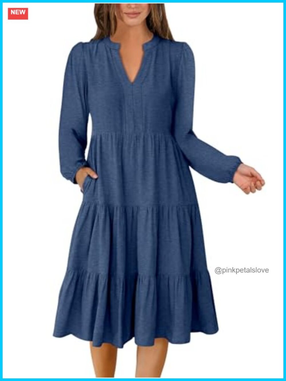 V Neck Long Sleeve Midi Dress with Pockets Loose Fit Casual